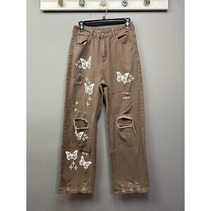 Shein High Rise Ripped Butterfly Jeans Womens Size‎ 6 Brown Distressed Relaxed
